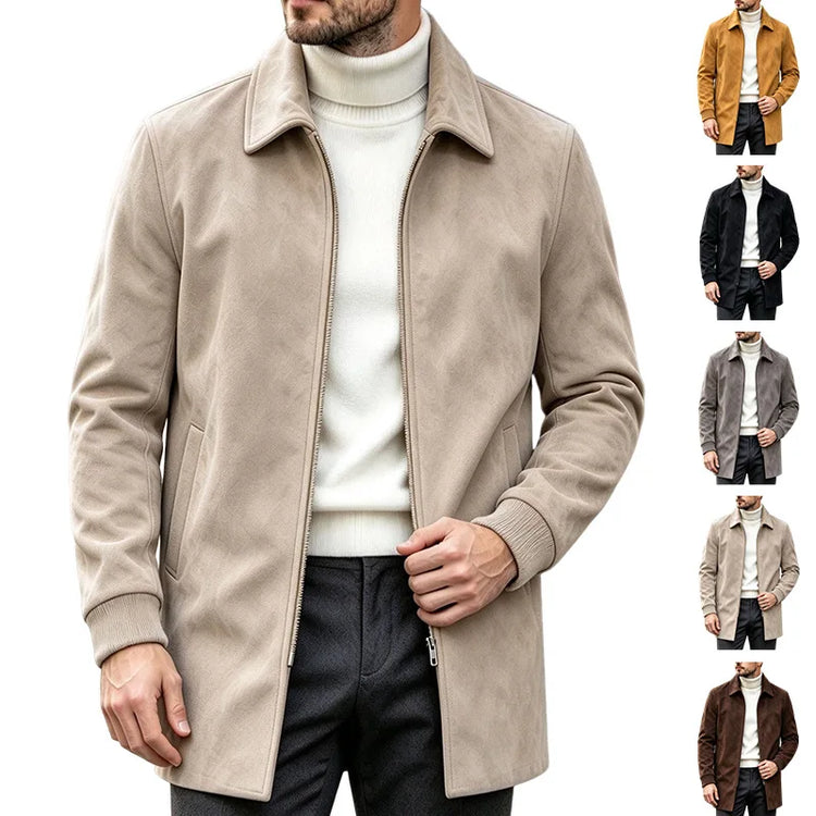 Men Faux Suede Mid Length Coat Autumn Winter Lapel Zipper Jacket Business Casual Slim Fit Windproof  Overcoat Streetwear Outwear