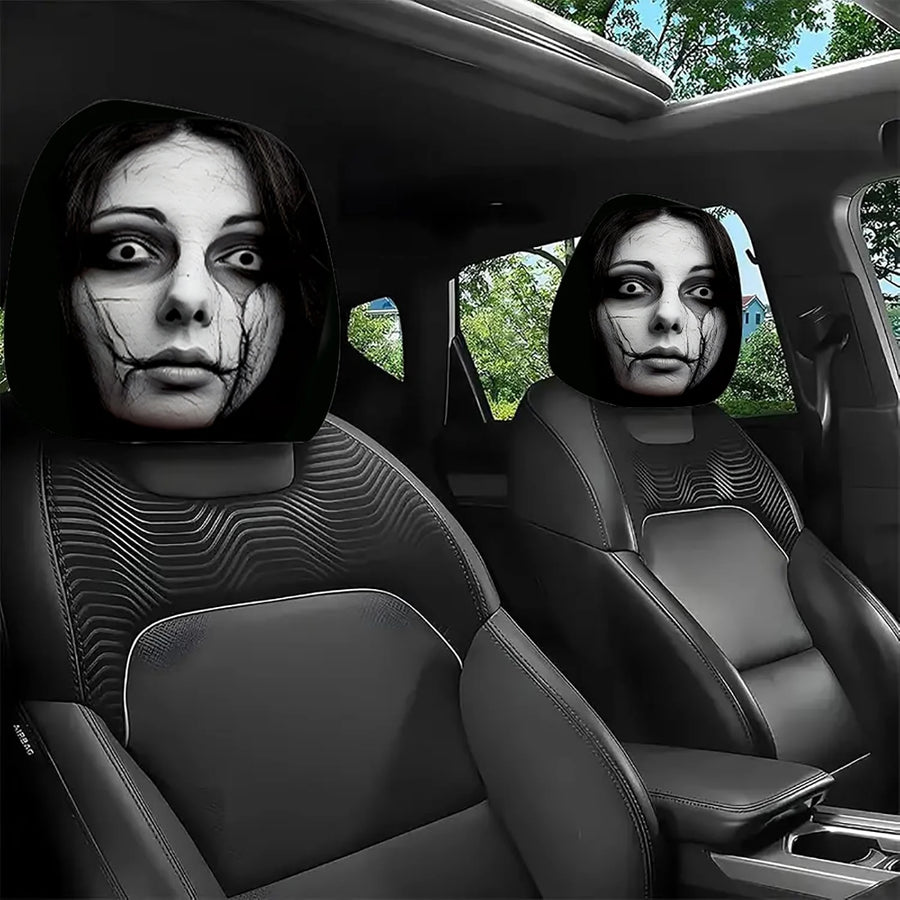 2Pcs Universal Elastic Halloween Horror Face Car Headrest Covers Soft Polyester Washable Dustproof Protective Decorative Sleeve