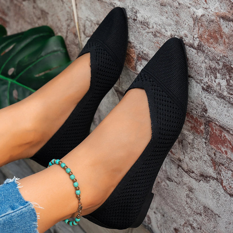 Lightweight Hollow Knit V Opening Pointed Flat Shoes For Women Office Daily