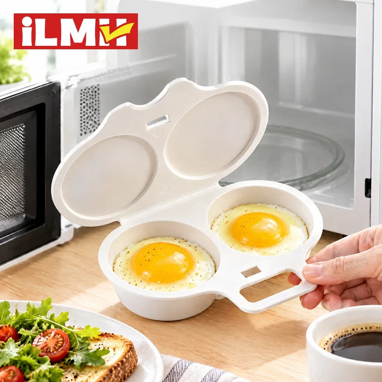 iLMH Microwave Egg Cooker, BPA Free Non Stick Dual Cavity Egg Poacher, Quick Oil Free Breakfast Maker for Home Kitchen Dorm