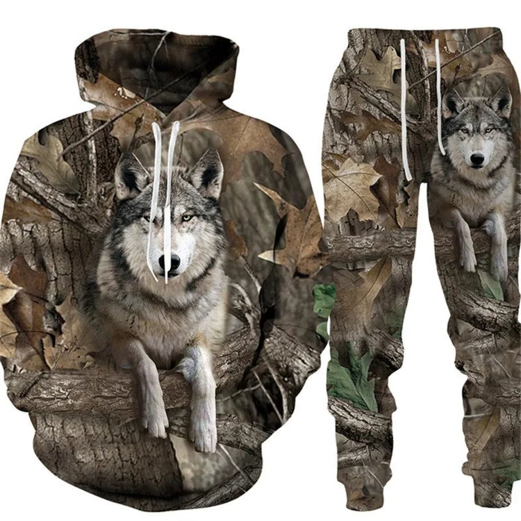 Men's Camouflage Hunting Animal Tracksuit Outfits 3D Wolf Print Hoodies 2-Piece Autumn/Winter Outdoor Sweatshirts Sweatpants Set