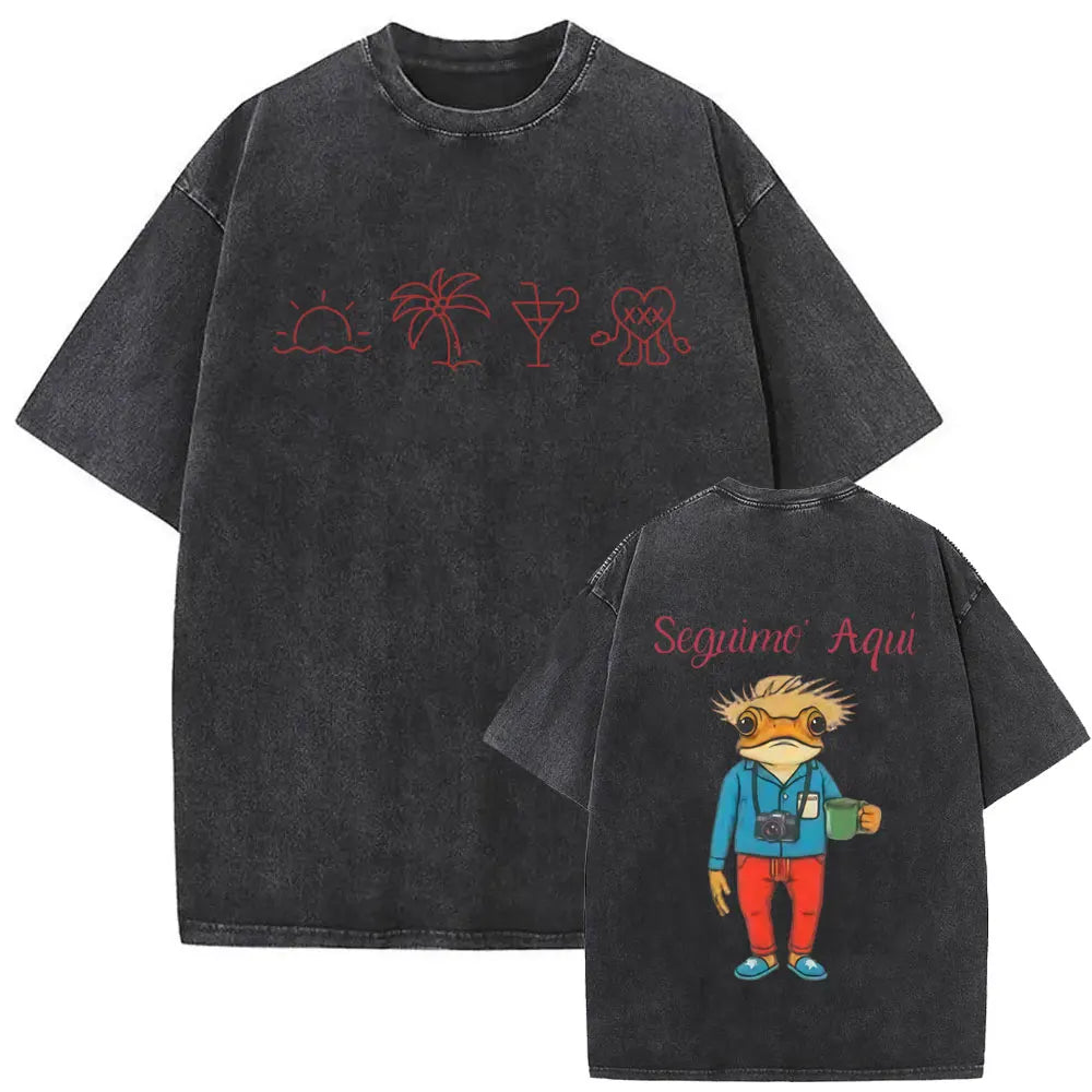 Rapper Bad Bunny Vintage Washed T Shirts Fans Gift Debi Tirar Mas Fotos DTMF Merch T-shirt Men's Women Hip Hop Fashion T-shirts