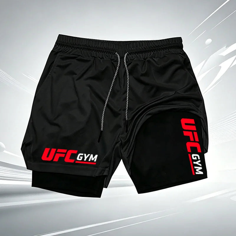Summer men's printed UFC GYM 2-in-1 compression base shorts, quick drying fitness training breathable running shorts