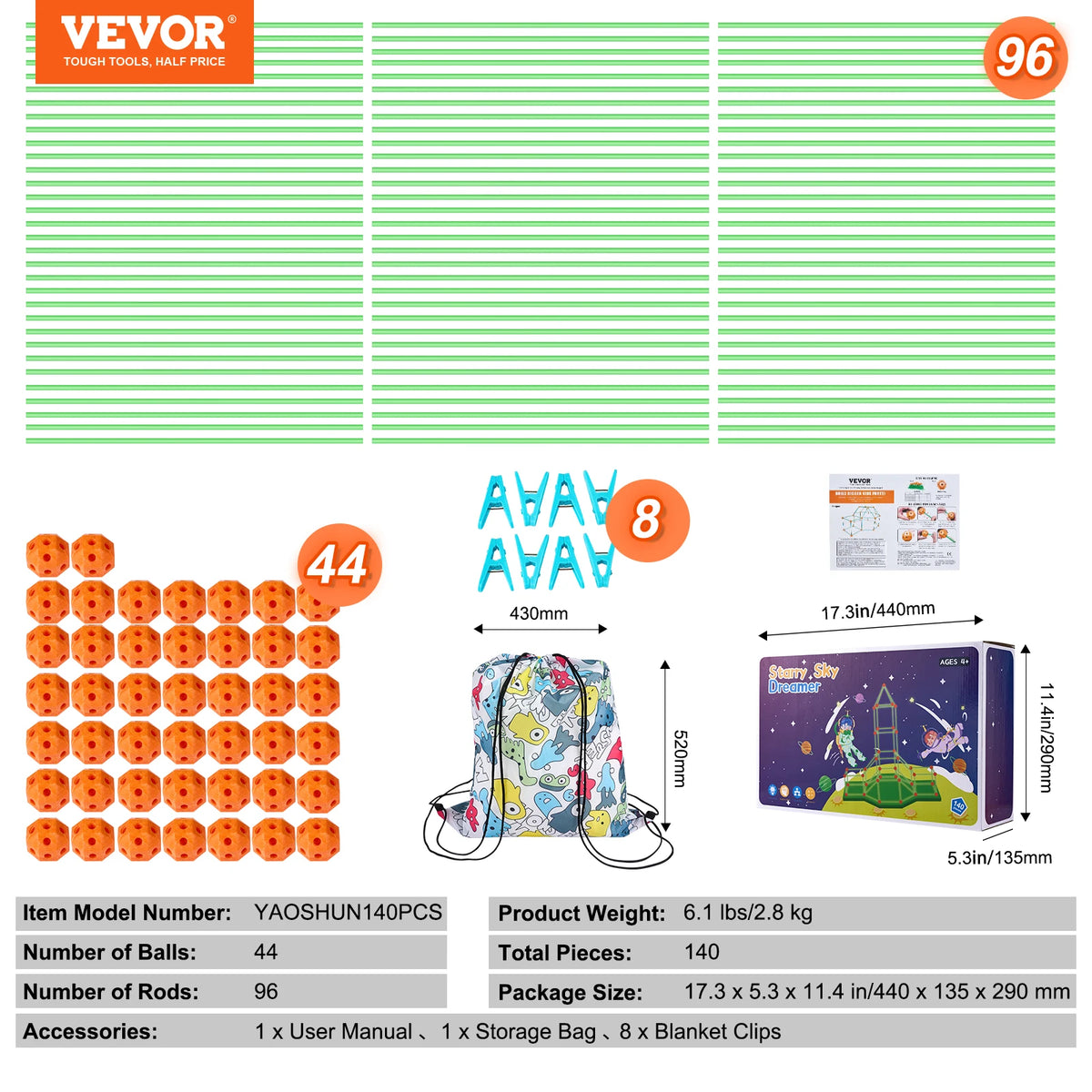 SucceBuy Fort Building Kit Children's DIY Indoor Castle Beading Stem with 96 Rods and 44 Balls Play Tent Toy for 4+ Kids Gifts