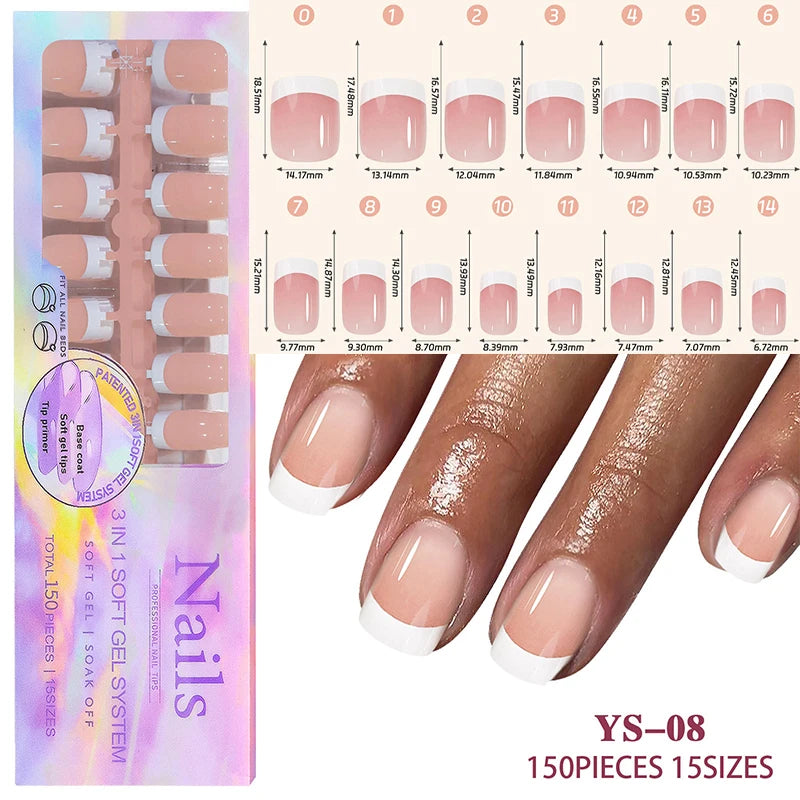 150Pcs/Box Acrylic Press on Nails Full Cover Fake False Tips Soft Gel Extension T-shaped Oval Capsule Almond Sculpted Salon DIY