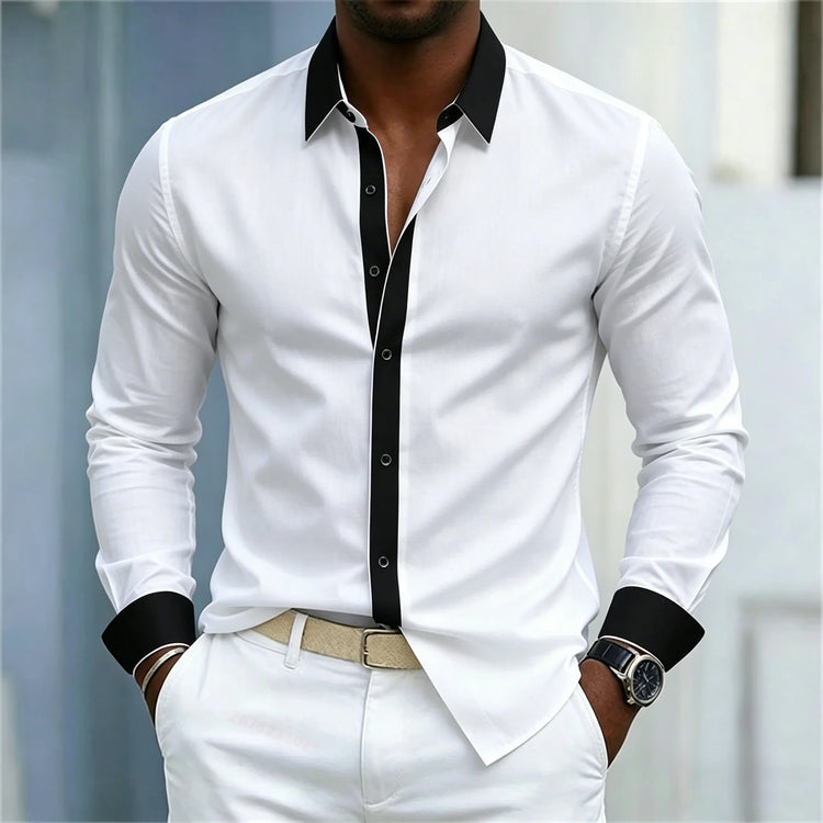 Men's Shirt Black And White Contrasting Splicing Men's Lapel Long Sleeved Shirt Slim Fit Business Casual Men's Top Size