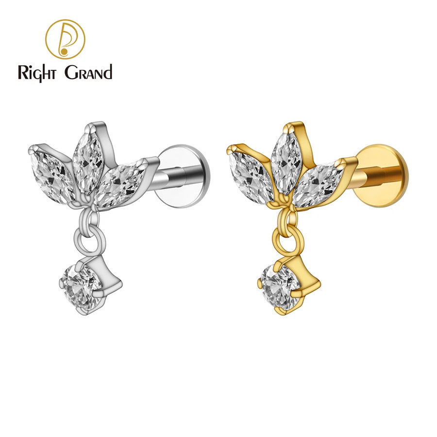 Right Grand Implant Grade Titanium 16G Triple Marquise CZ Internally Threaded Labret Monroe Lip Cartilage Helix Stud Earring