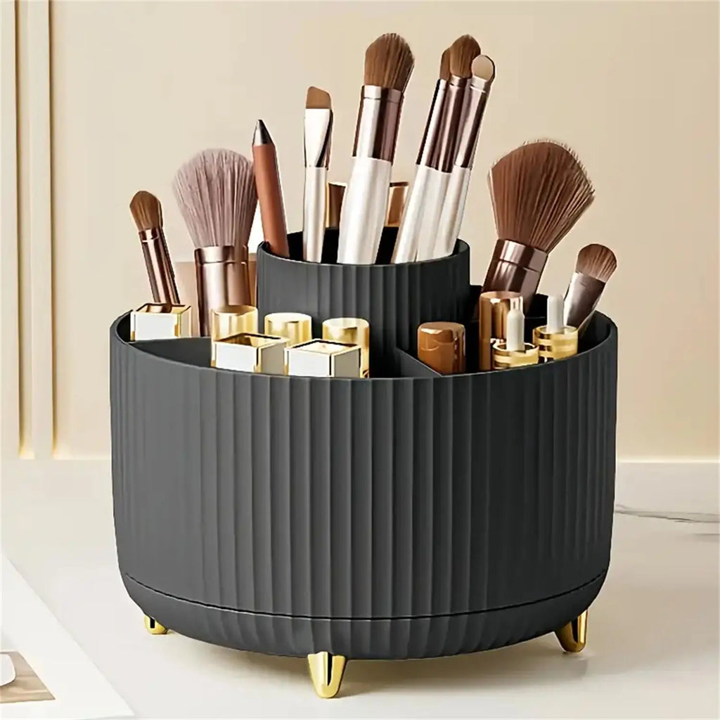 360° Rotating Makeup Organizer Plastic Cosmetic Storage 5 Compartments Multi-Functional Brush Holder Compact Travel Makeup Case