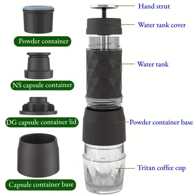 HOMEFISH 3 In1 Portable Coffee Machine Hot/Cold Water Manual Espresso Maker For Capsule & Ground Hand Press Brewer Hiking Travel