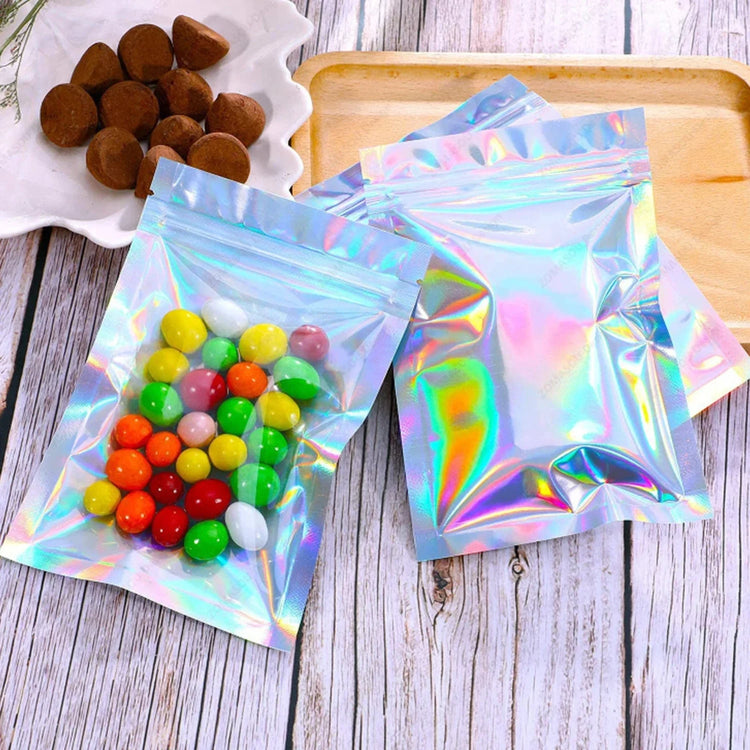 10-300PCS Laser Sealing Bags Plastic Holographic Candy Food Pouch Resealable Necklace Jewelry Gift Packaging Kitchen Storage Bag