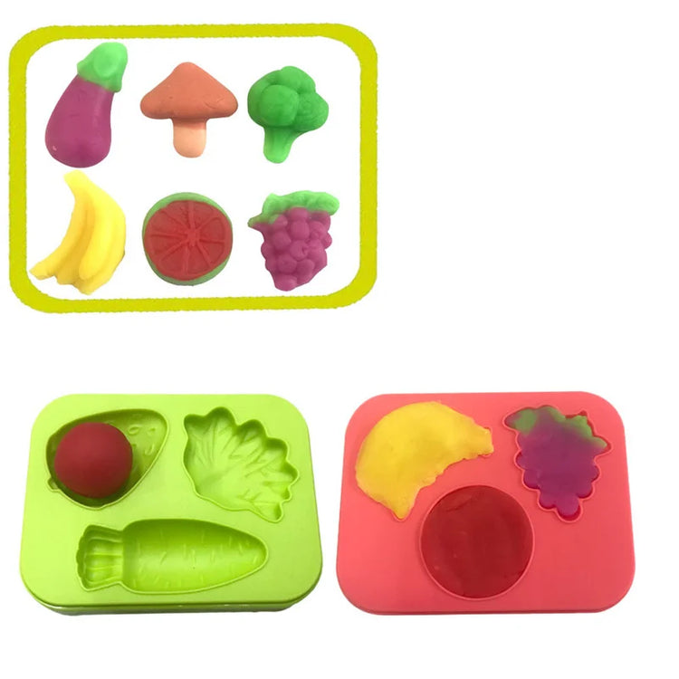 Food Play Dough Molds for Kids Plastics Fruit Vegetable Dumpling Noodle Mold Knife Fork Bowl Plate Playdough Accessories Toys