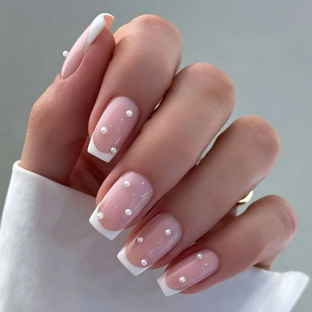 White French Press on Nails 3D Bowknot Fake Nails Tips Full Cover Wearable False Nails for Women and Girls DIY Manicure 24Pcs
