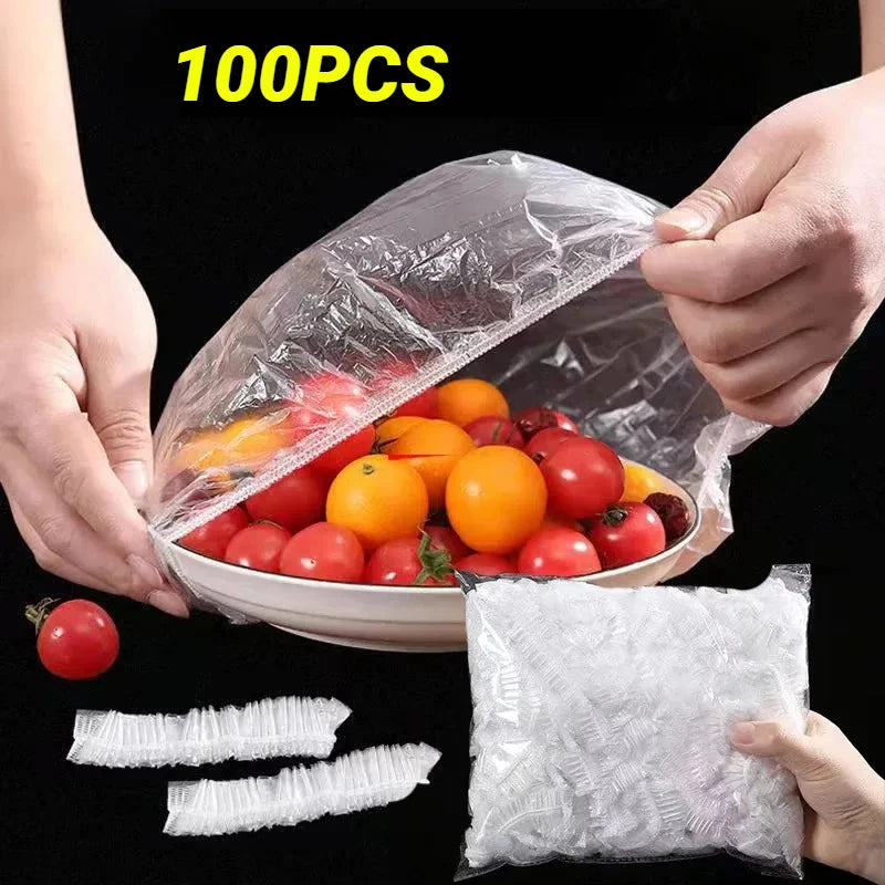 100Pcs Reusable Disposable Food Cover Plastic Wrap Durable Elastic Lids For Bowls Covers Kitchen Saver Bag