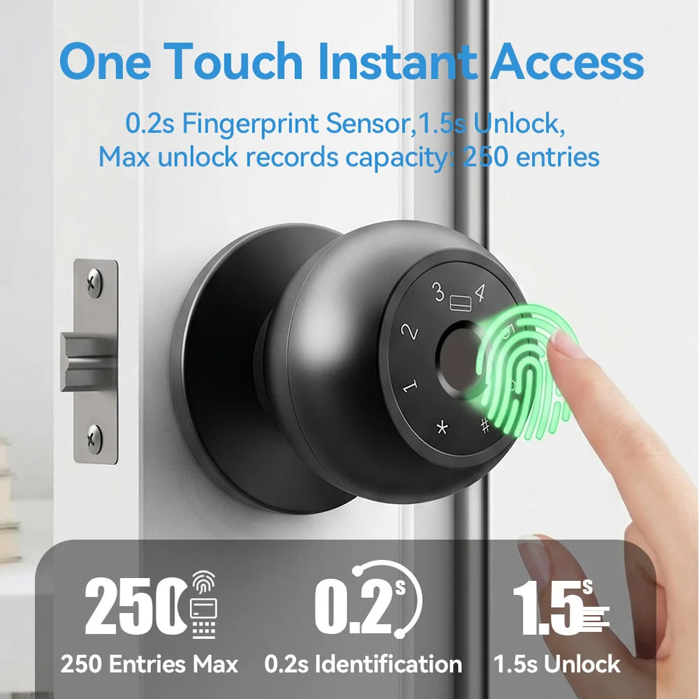 YFK 5-in-1 Smart Door Knob Lock Tuya Bluetooth Fingerprint Password Keypad IC Card Key APP HomeKey Black
