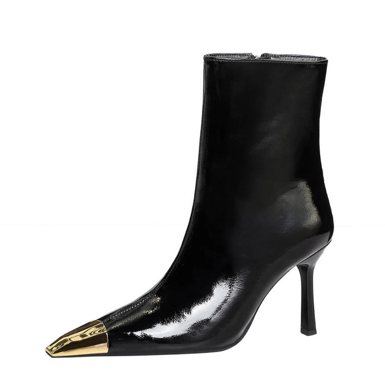 Black Patent Leather Slim Fit Ankle Booties Stiletto High Heel Metallic Pointed Tip Side Zipper Non Slip Elegant European Style