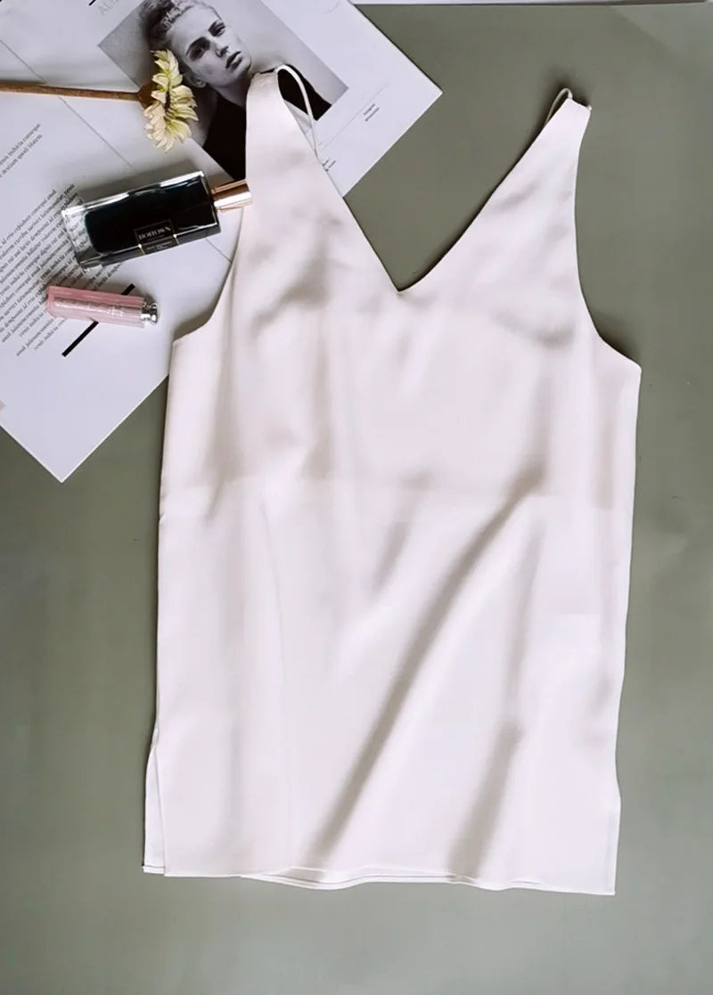 BirdTree 100% Silk Minimalist Sling, Women's Three Color Double Layer Silk, V-Neck INS Style Tank Top, 2026 Summer New T41576QC