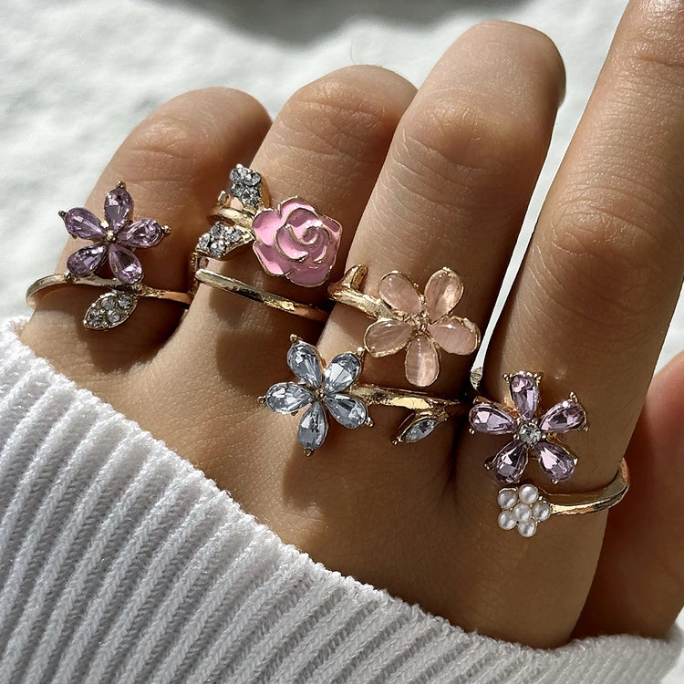 Tocona 4PCS Women's Elegant Imitation Flower Ring Set Alloy Adjustable Finger Jewelry Suitable for Party Daily Gifts