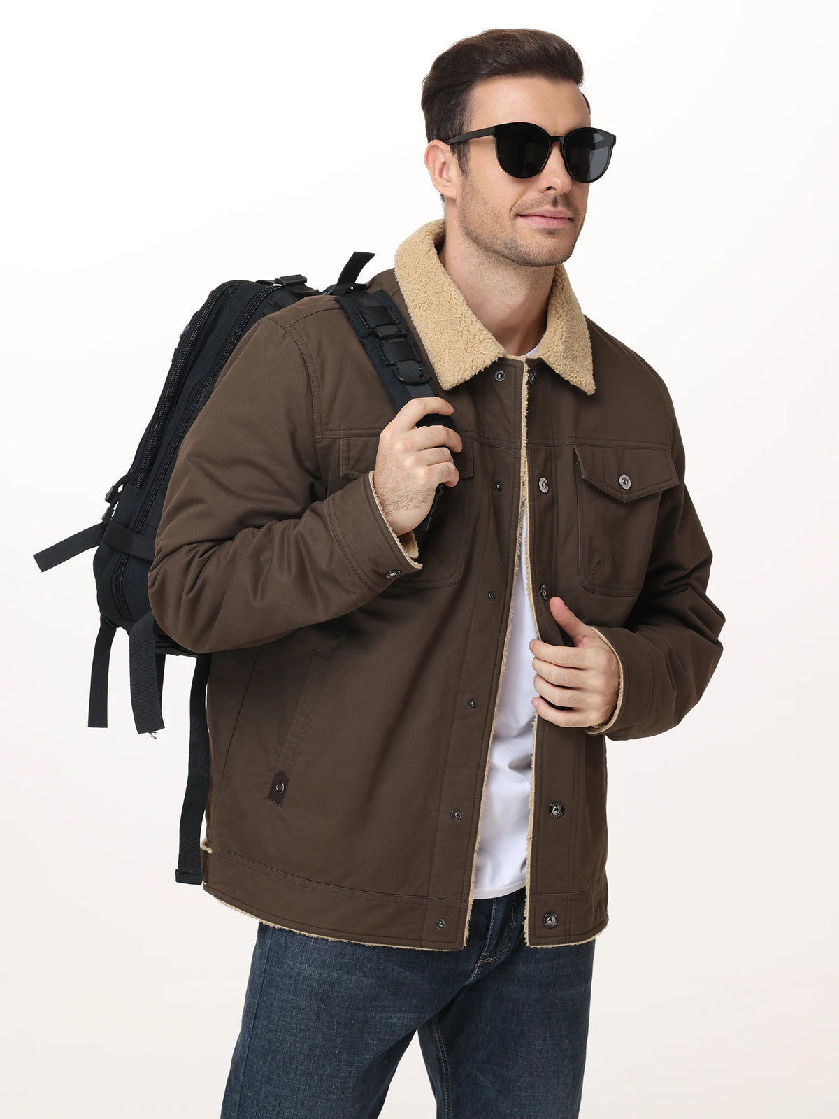 Men's Winter Trucker Jacket Sherpa Fleece Lined Thick Thermal Warm Cargo Workwear Coat Multi-Pocket Outwear