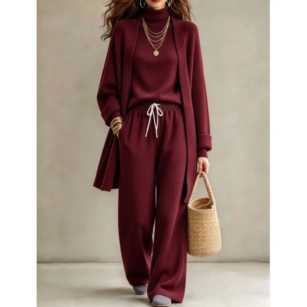 Autumn Winter New Fashion Double-sided Velvet High Collar Base Shirt Long Coat 3-piece Set Women's Casual Warm Wide Leg Suit2026