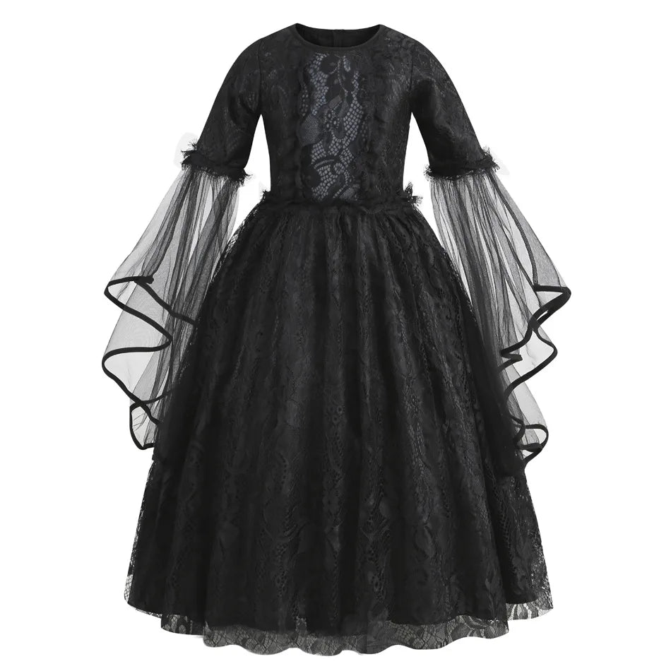 2026 Halloween Carnival Girls Play Black Evil Witch Vampire Elegant Cute Fluffy Lace Dress + Hairband + Raven Accessories Set