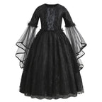2026 Halloween Carnival Girls Play Black Evil Witch Vampire Elegant Cute Fluffy Lace Dress + Hairband + Raven Accessories Set