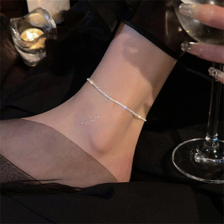 Shiny Silver Color Fashion Zircon Pendant Anklets for Women Girls Two Layers Chain Multi-Layer Beach Foot Jewelry Crystal Gift