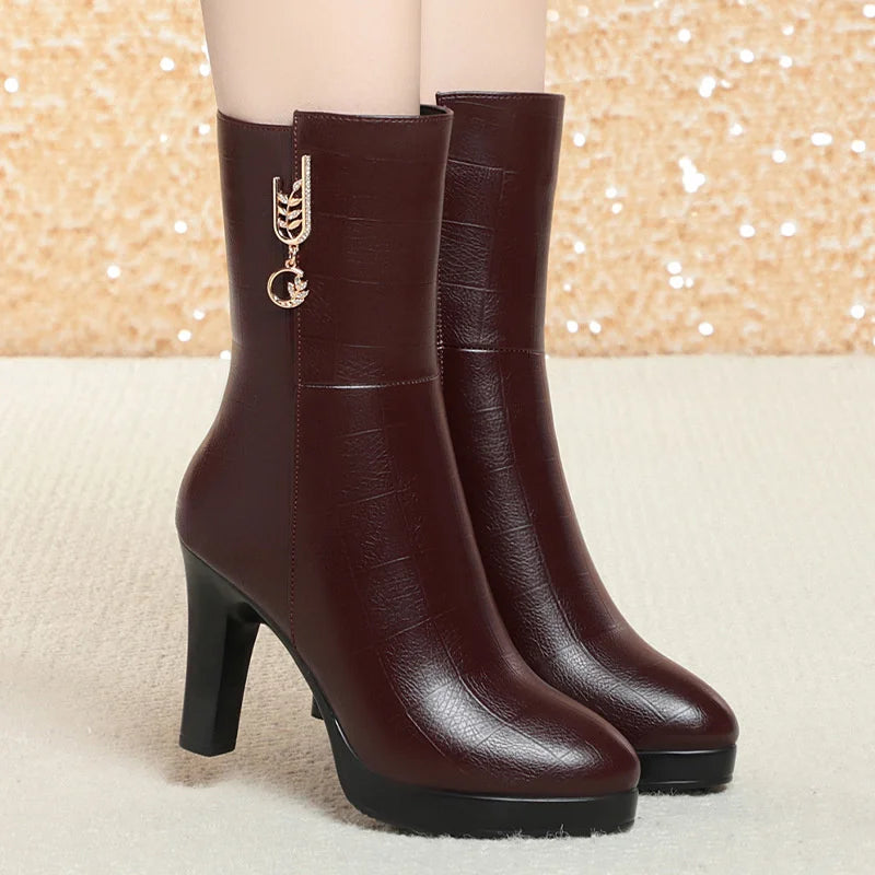 Women's Autumn Winter Fashion Leather Boots Warm High-heeled Plush Trend Mid-calf Zipper Round Head Mother Cotton Boots Outdoor