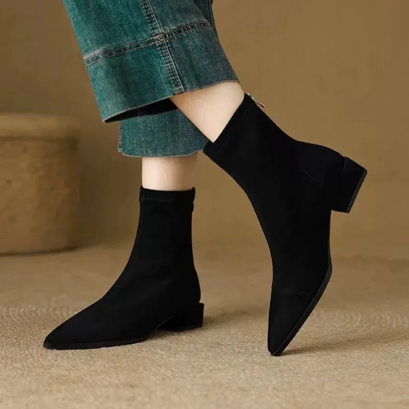 Plus-Size Women's Boots 2025 Winter Fashion Pointed-Toe Design Short Boots with Zippers on the Back, Slim Low-Heeled Nude Boots