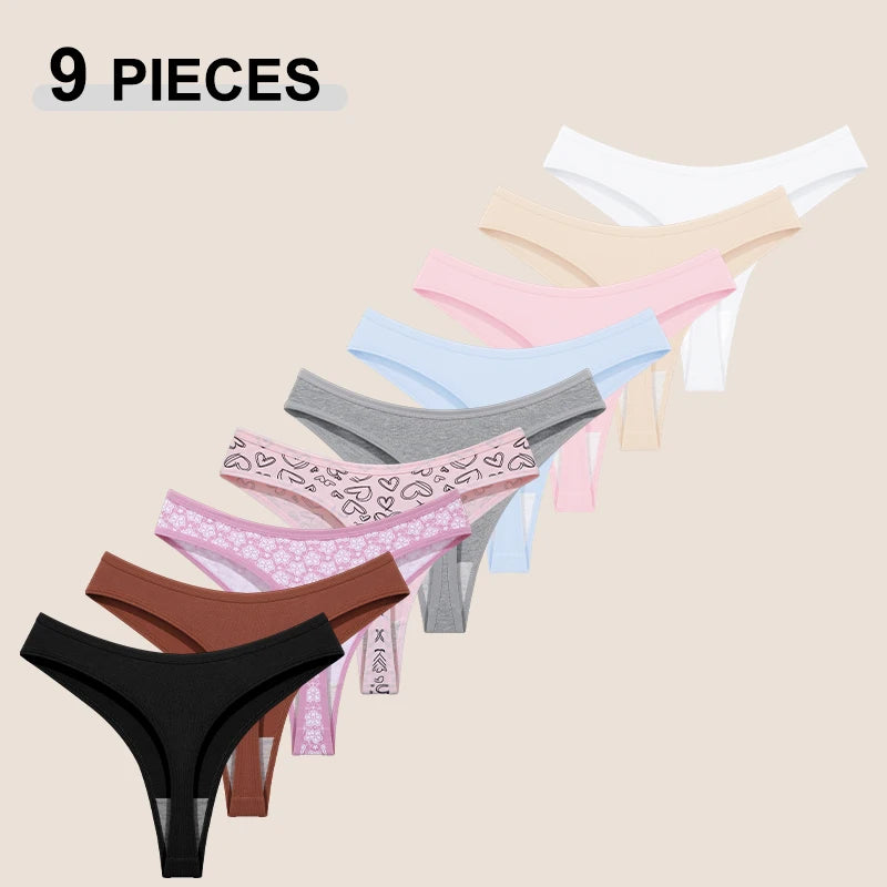 9Pcs Women's Seamless Cotton Panties XS-XXL Multiple Printing T-Back G-strings Sexy Low Waist Breathable Thongs Female Underwear