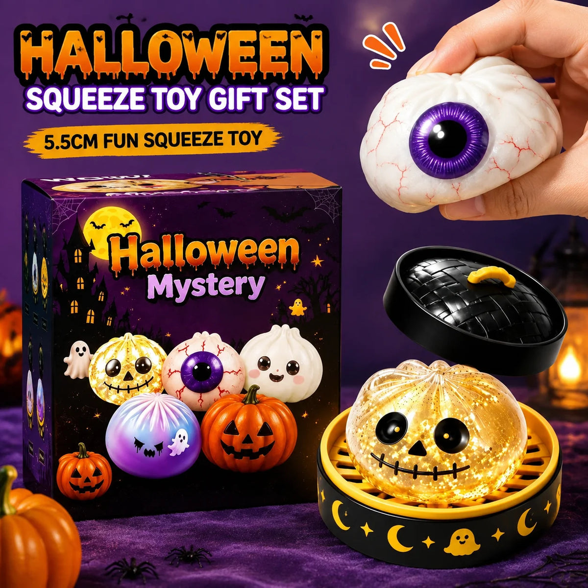 New 5.5cm Halloween Ghost Dumplings Toy Soft Slow Resilience  Squeeze Squishy Toy Kawaii Halloween Fidget Toy for Stress Relief