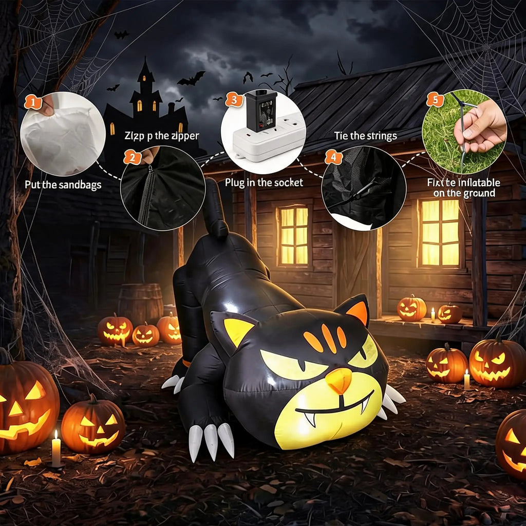 7ft Lighted Halloween Inflatable Black Cat Waterproof LED Outdoor Yard Decor for Garden Lawn and Trick or Treat Events Blow Up Holiday Party Spooky Night Display Prop Supplies