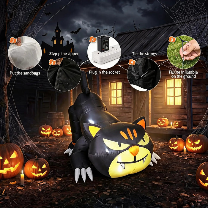 7ft Lighted Halloween Inflatable Black Cat Waterproof LED Outdoor Yard Decor for Garden Lawn and Trick or Treat Events Blow Up Holiday Party Spooky Night Display Prop Supplies