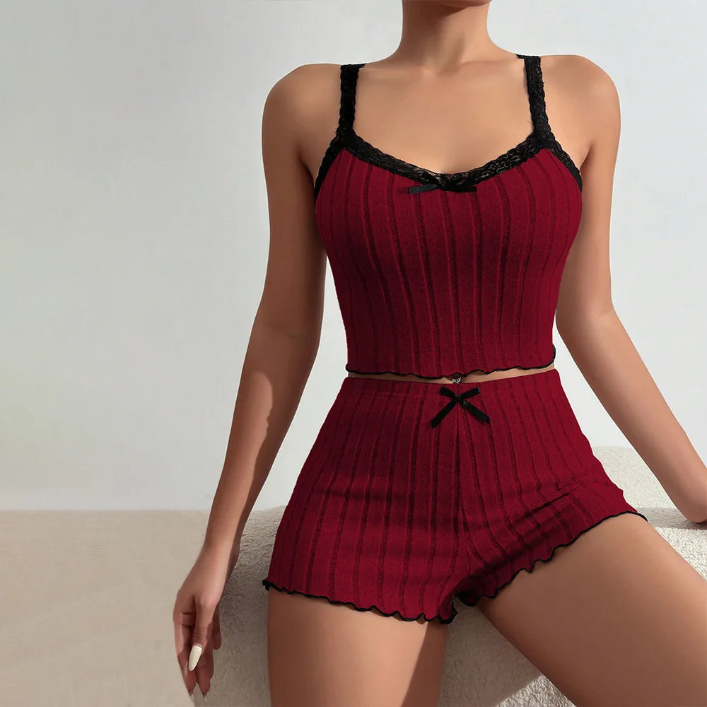 Pajama Suit Suspender Shorts Sexy Bow Print Milk Silk Suit Comfortable Home Wear Women's Pajama Suit