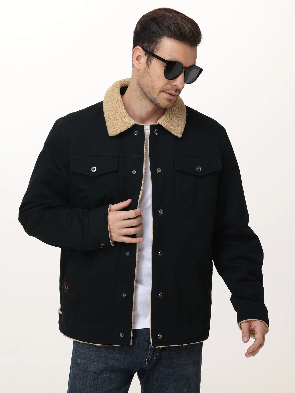 Men's Winter Trucker Jacket Sherpa Fleece Lined Thick Thermal Warm Cargo Workwear Coat Multi-Pocket Outwear