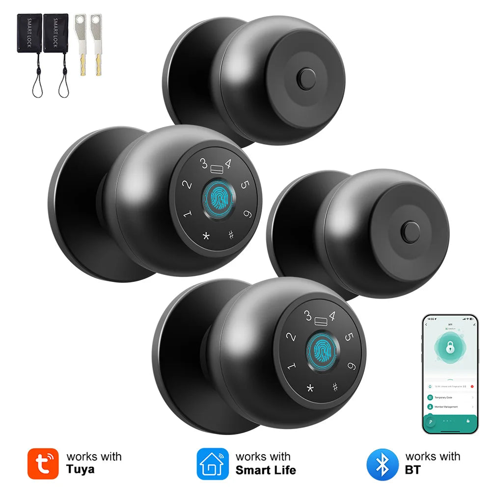 YFK 5-in-1 Smart Door Knob Lock Tuya Bluetooth Fingerprint Password Keypad IC Card Key APP HomeKey Black