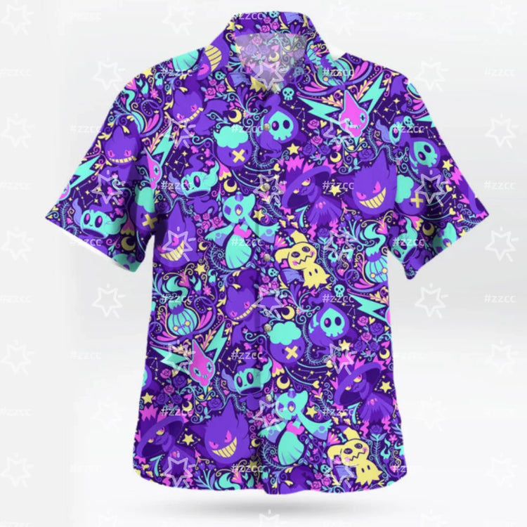Summer Men's Short Sleeved Purple Toned Ghost Print Breathable Sweat Wicking Beach Vacation Casual Shirt