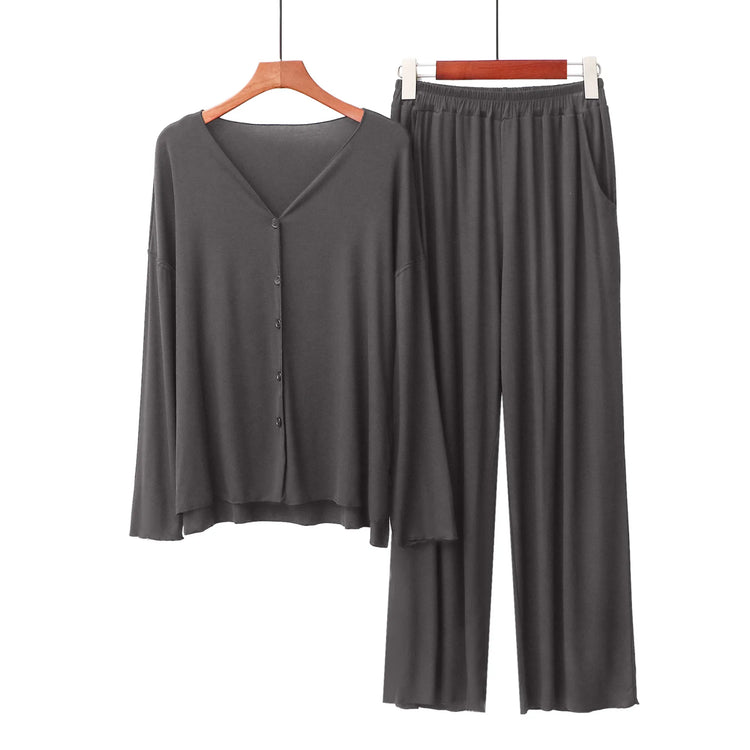 Japanese New Style Cotton Pajamas Suit Ladies Spring And Autumn Cardigan Solid Color Long-sleeved Trousers Home Service Suit