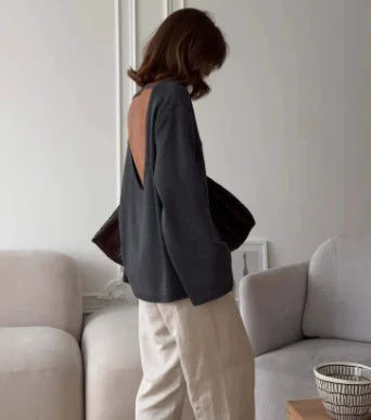 Original Backless O-neck Cotton Knit Sweater Autumn and Winter Women Simple Loose Soft Warm Elastic Daily Office Casual Sweater