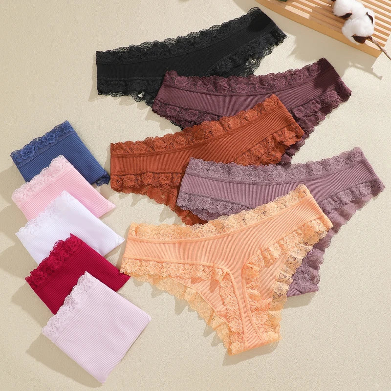 6Pcs/Set Cotton Patchwork Lace Panties Women Solid Color Breathable Low Waist G-strings Underwear Ladies Soft Comfortable Thongs
