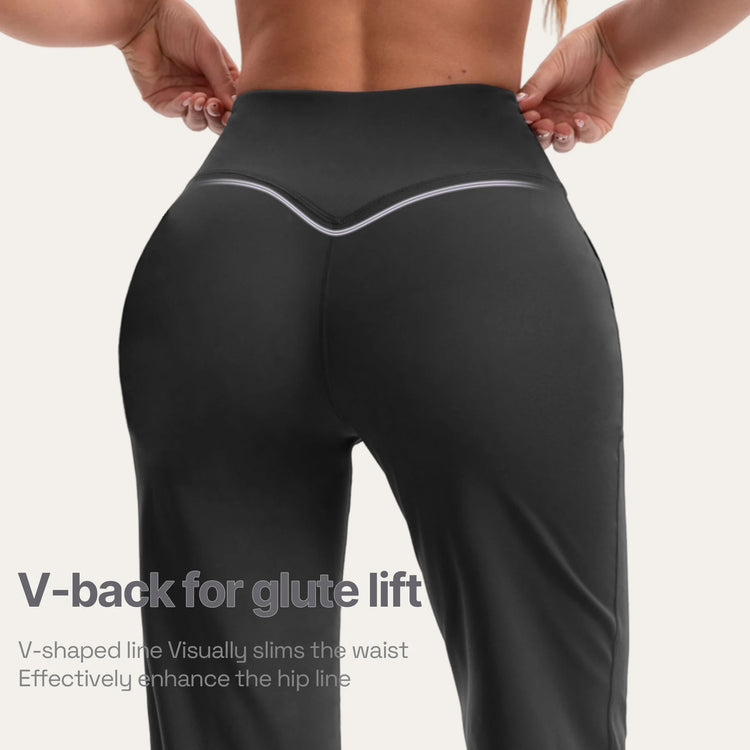 Women's High Waist Flared Yoga Pants Tummy Control M-Line Butt Lifting Two Pockets Stretchy Soft Flowy Workout Office