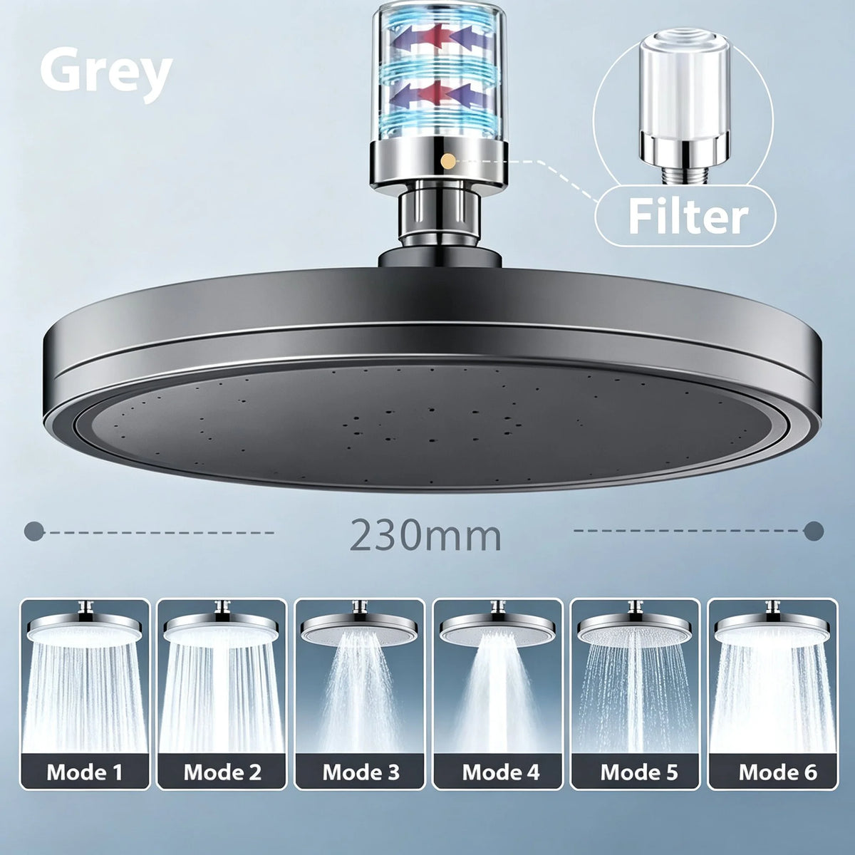 New 230mm Big Panel Large Flow Supercharge Ceiling Mounted Shower Head Set 6 Modes High Pressure Bathroom Showerhead with Filter