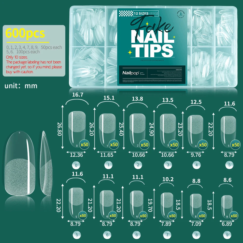 NAILPOP Soft Gel Nail Tips 600PCS Pre-Buff Full Cover Coffin Almond  Oval Shaped Nail Extenison Tips Half Matte Gel X Fake Nails