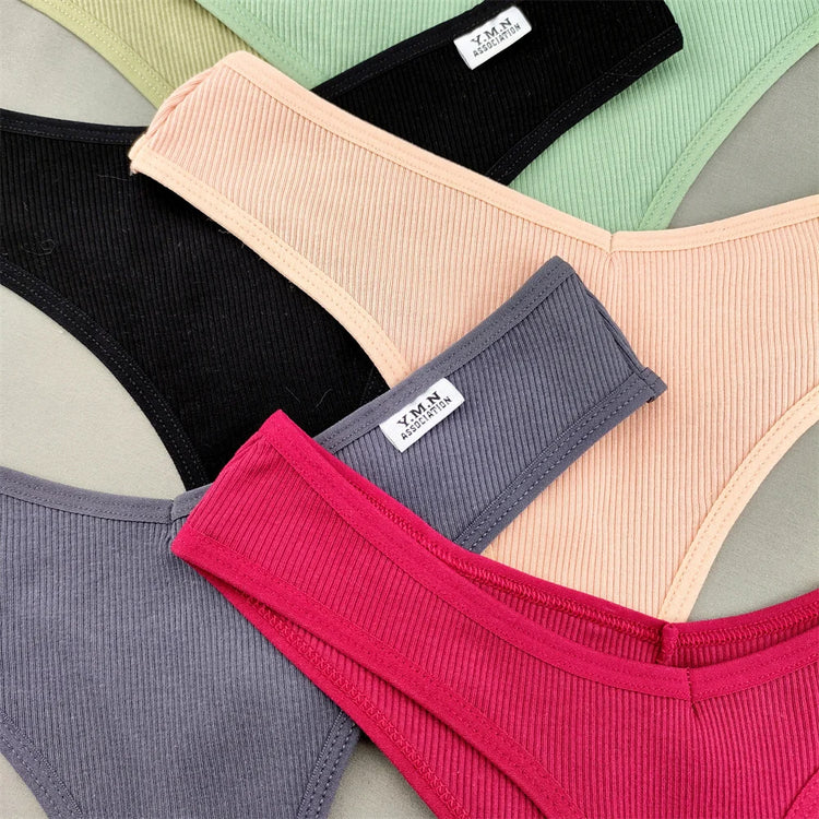 3pcs/pack Ribbed Cotton Thong Underwear Women V-Waist Solid Color Low Rise V-String Female Soft Intimates Lingerie