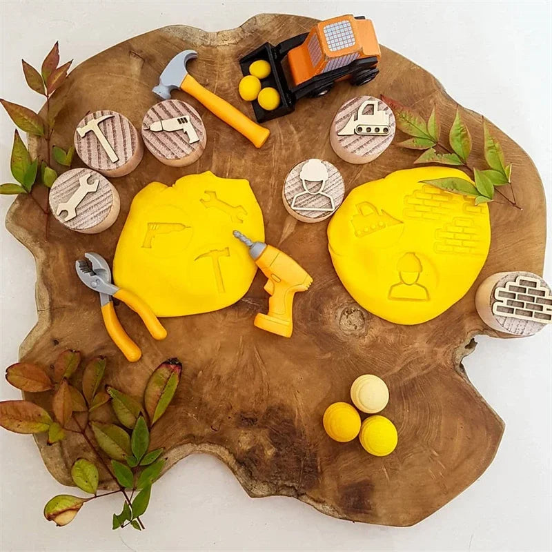 Kids Montessori Wooden Play Dough Stampers Tools Weather Insect Nature Stamps Playdough Fun Activity for Children Sensory Toys