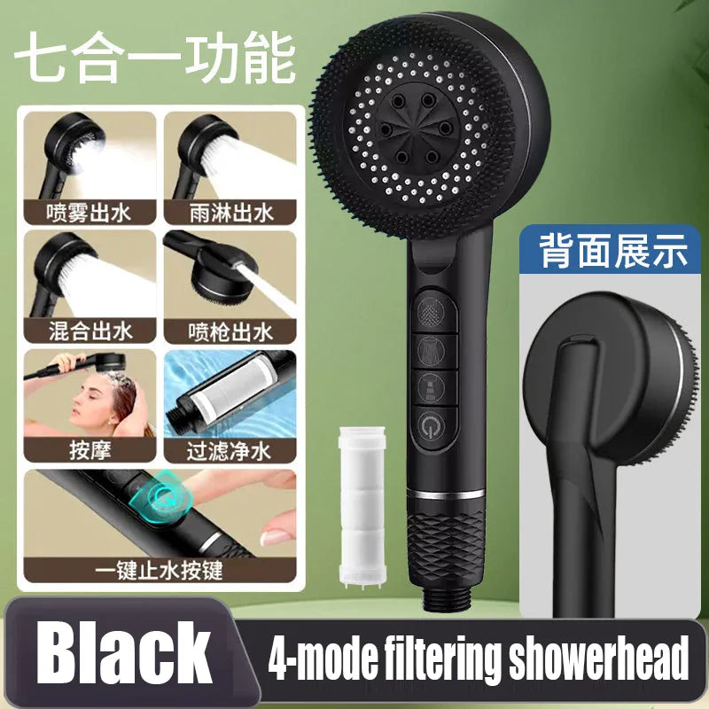New 7 IN 1 Large Flow Shower Head With Filter 4 Modes High Pressure Water Saving One-Key Stop Water Massage Portable Showerhead