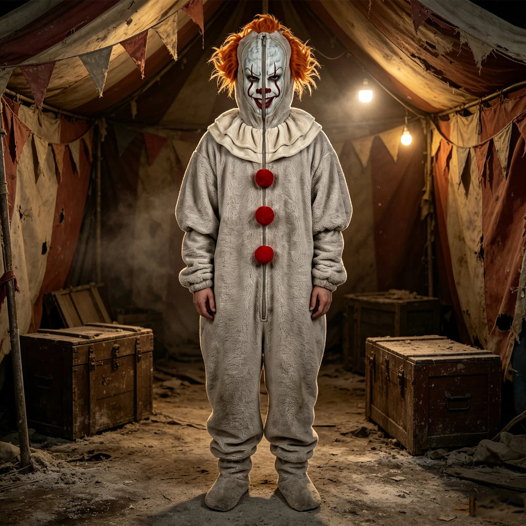 Clown Onesie Costume Cosplay Movie Role-playing Props Clown Cosplay Costume Pajama Sleepwear Halloween Bodysuit for Men Women