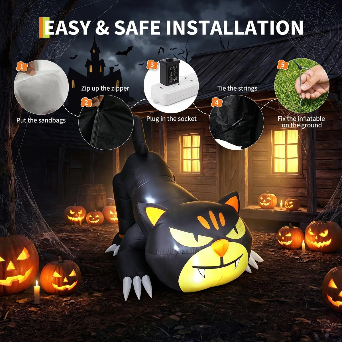 7ft Lighted Halloween Inflatable Black Cat Waterproof LED Outdoor Yard Decor for Garden Lawn and Trick or Treat Events Blow Up Holiday Party Spooky Night Display Prop Supplies