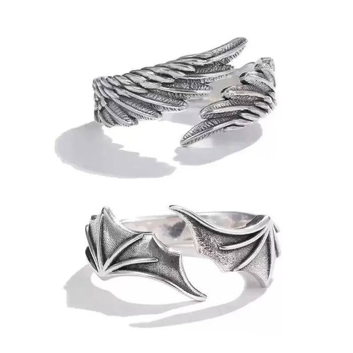 2PCS Fashionable And Simple Angel And Devil Wing Rings, Retro Personalized Open Mouth Men's And Women's Rings Available For Whol