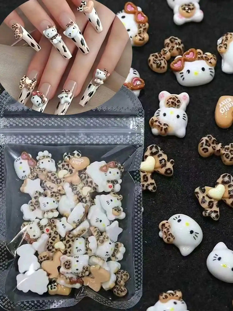 50Pcs Leopard Sanrio 3D Resin Nail Charms Mixed Kuromi My Melody Kitty Nail Parts DIY Manicure Decor Accessories