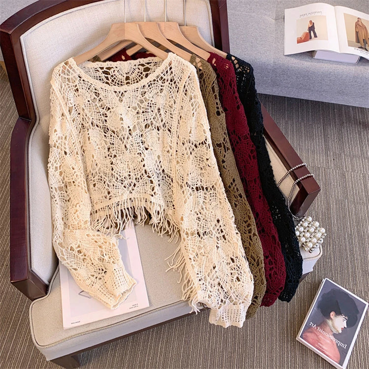 Fashionable Large Size Women's  Hook Hollow Knitted Top round Neck Long Sleeve Tassel Short Style Autumn Outerwear